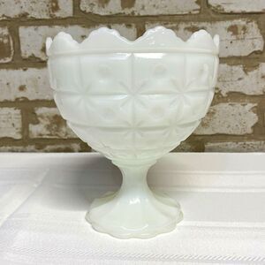 Napco Milk Glass Pedestal Compote Bowl Scalloped Rim Starburst Pattern USA